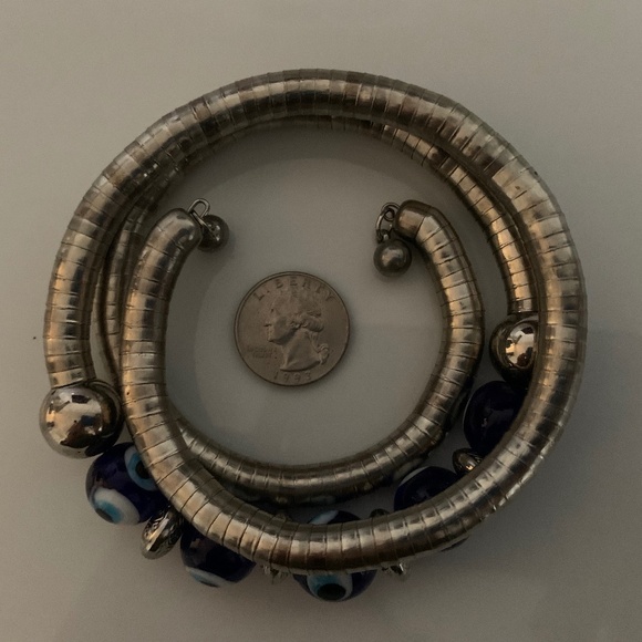 Silver Coil Evil Eye Bracelet/Choker – Blue Glass Beads, Wrap Style, Adjustable - Picture 9 of 9